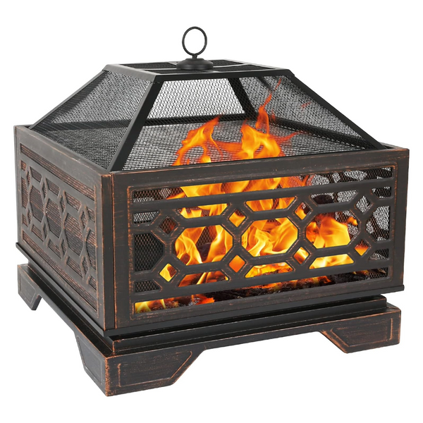 Hykolity 26 Inch Outdoor Fire Pit Square Extra Deep Wood Burning Firepits Large Bonfire with Cooking Grate & Poker