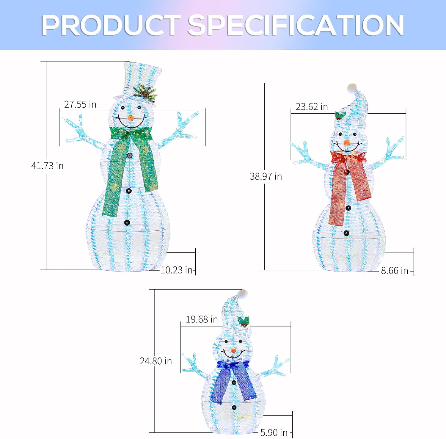 3.5' 3D Pre-lit Iridescent Christmas Snowman Family, 3-Piece