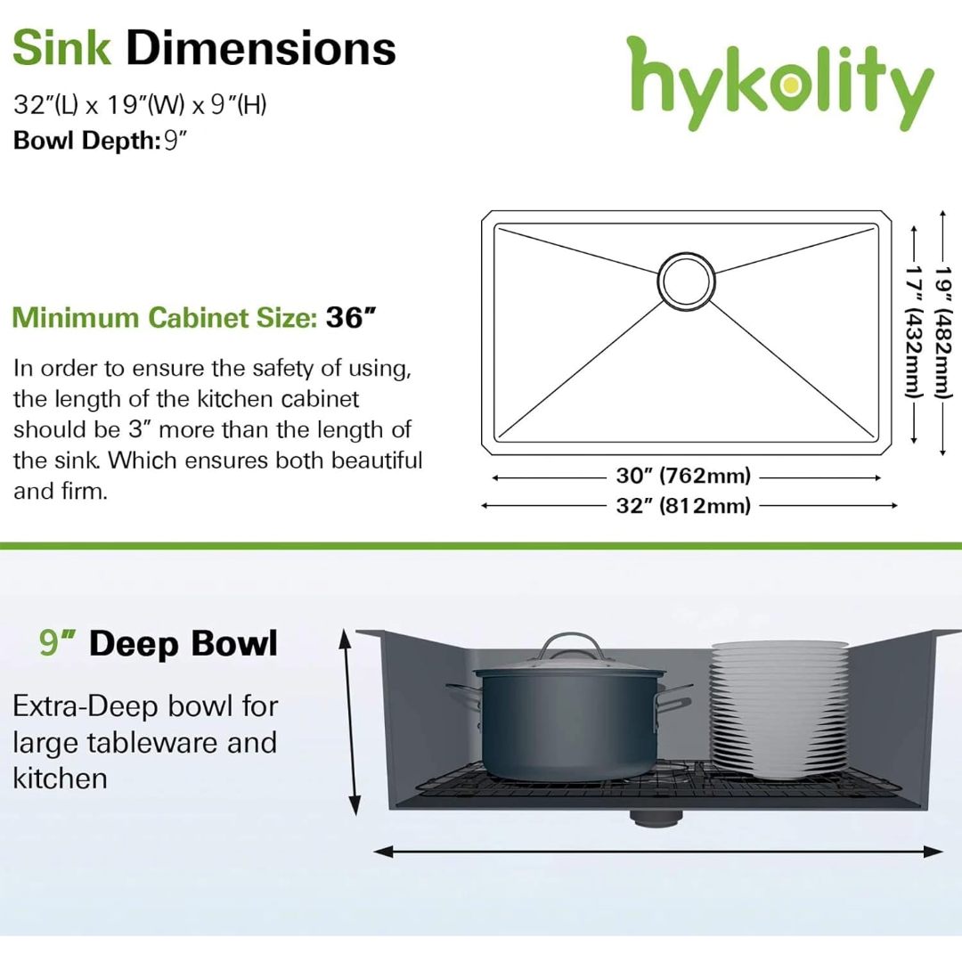 Hykolity 32inch Undermount Kitchen Sink, 16 Gauge Single Bowl Stainle