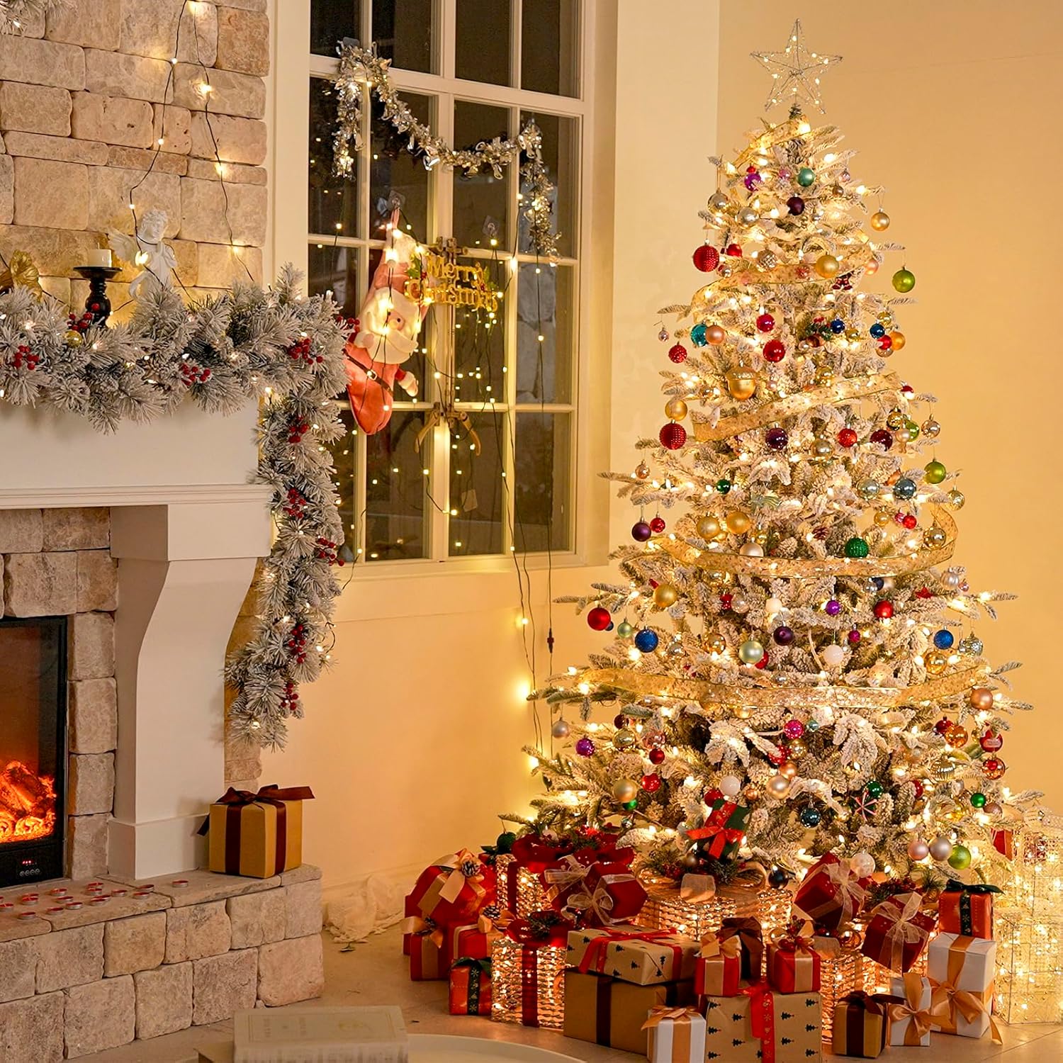 Vivatrees 6/7.5 Ft Prelit Artificial Christmas Tree, Snow Flocked