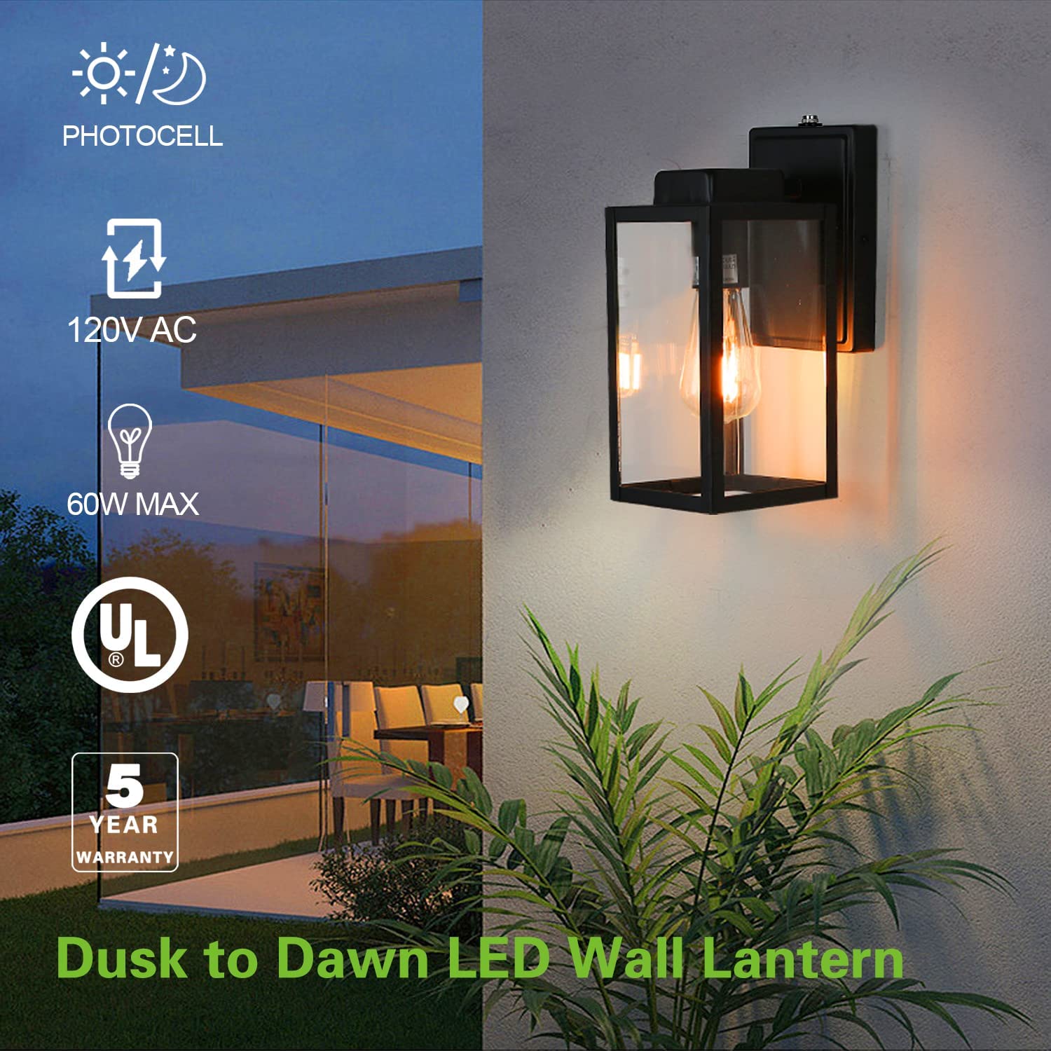 Outdoor Wall Lantern with Sensor, Anti-Rust Wall Mount Light with Clea –  Hykolity