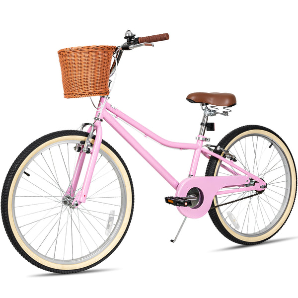 Hykolity Kids Bike 24 Inch for 8-14 Years Old Girls Bicycle with Basket and Kickstand, Tween Retro Style Childrens Bike for Teen Girls, Pink