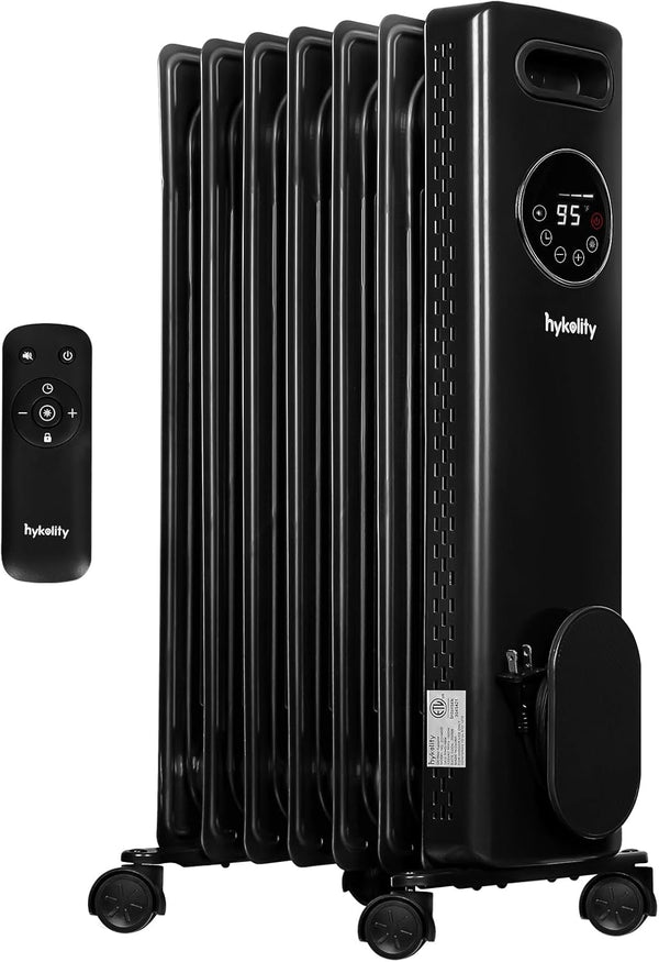 Romswi Oil Filled Radiator with 4 Modes, Electric heater with Remote and Wheel, Led Display, Digital Thermostat, 24H ON OFF Timer, Child Lock, Overheat & Tip-Over Protection,Indoor 1500W Black