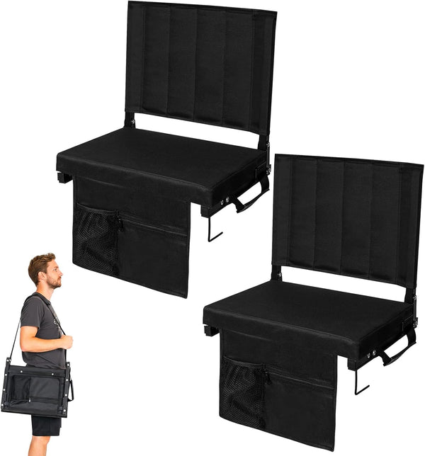 Romswi Lightweight Stadium Chairs for Bleachers with Back Support, 2-Pack Portable Bleacher Seats with Wide Padded Cushion, Cup Holder & Shoulder Strap, Folding Comfort Seat for Sports Events