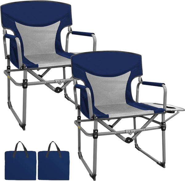Romswi 2 Pk Director Chairs, Folding Camping Chair with Side Table, Compact Directors Chair with Side Bag, Heavy Duty Oversize Seat for for Outdoor, Beach,Fishing,Picnic, Suport to 300 lbs Blue