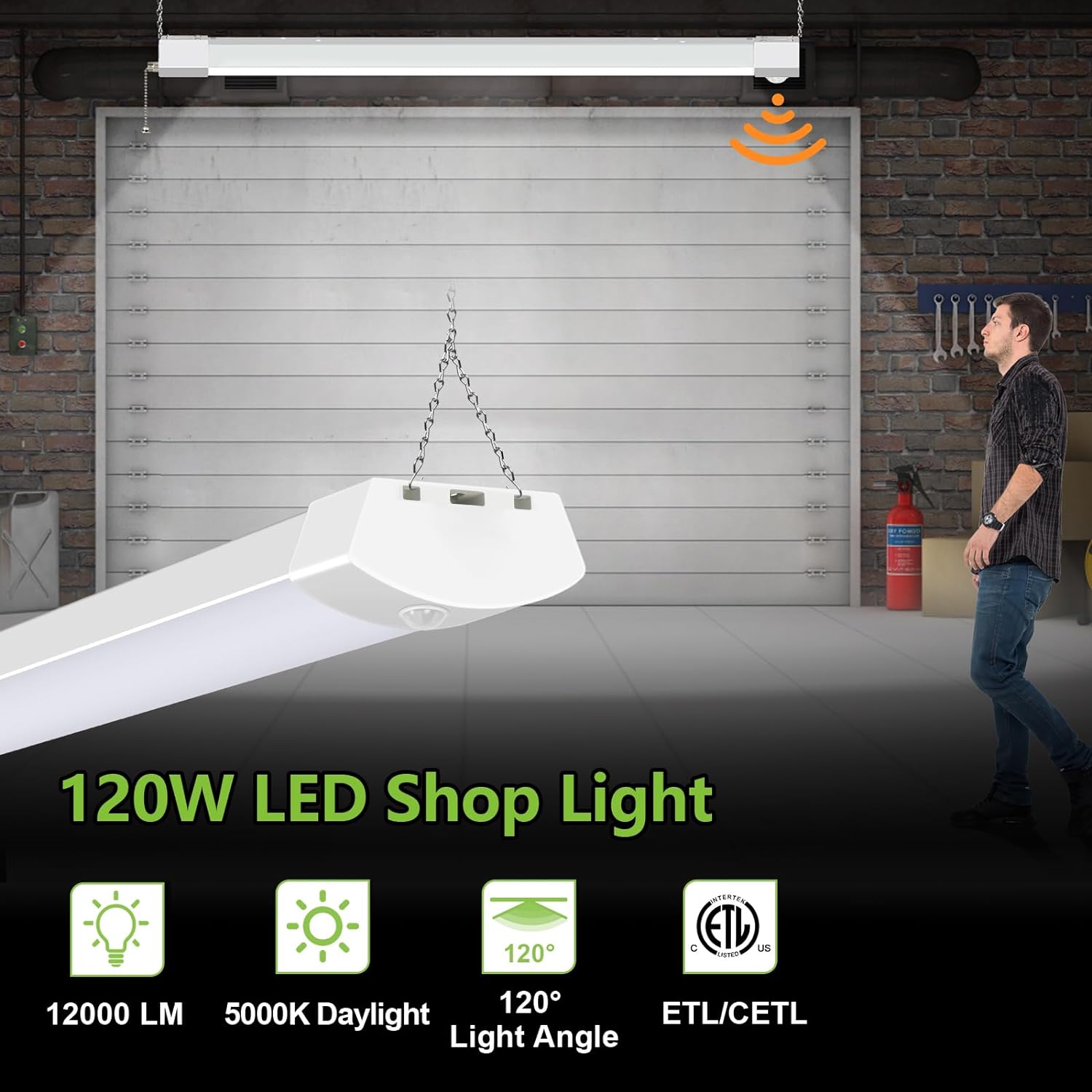 4FT 120W LED Shop Light, PIR Motion Sensor, 12000lm, 5000K Daylight, H ...