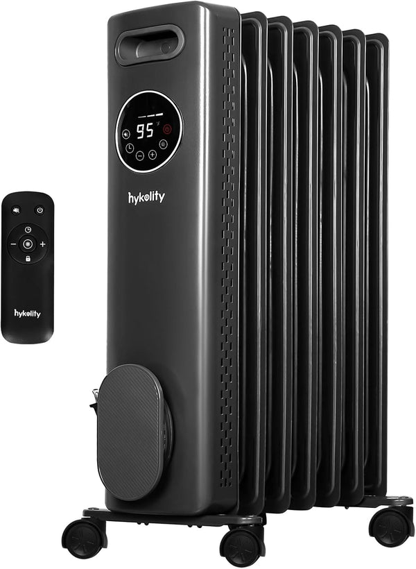 hykolity 7fins Oil Filled Radiator Heater with Remote &24H ON OFF Timer, 4 Mode Electric Radiant Heater,Child Lock,Overheat & Tip-Over Protection, Eco,Digital Thermostat Space Heater for Indoor, Grey