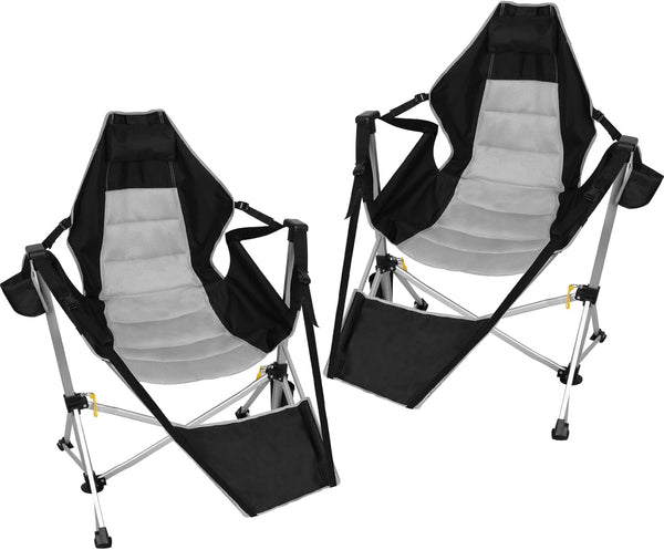 Romswi 2-Pack Aluminum Hammock Chair with Footrest, Oversized Portable Folding Swinging Chair with Adjustable Back & Seat, Lightweight Rocking Camp Chair Supports 440lbs for Outdoor, Patio - Black
