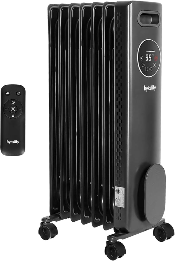 hykolity 1500W Oil Filled Radiator with 24H ON OFF Timer, Electric heater with Remote, Adjustable Thermostat, 4 Modes, Child Lock, Overheat & Tip-Over Protection For Indoor Use, 1500W (Grey)