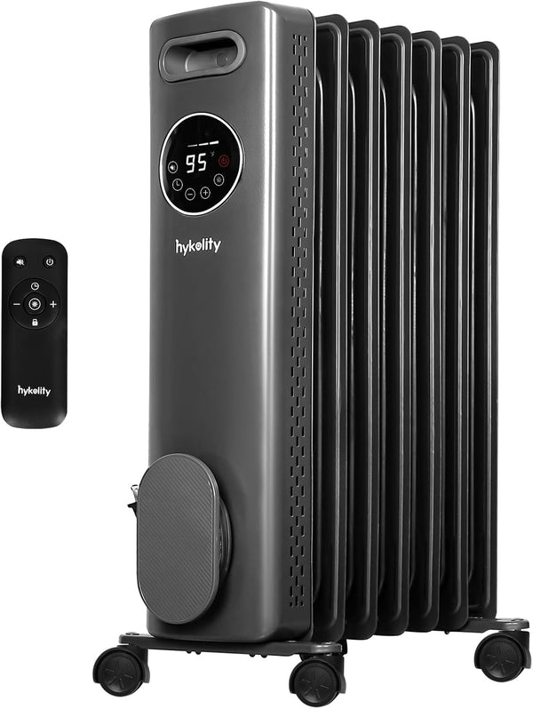 hykolity 1500W Oil Filled Radiator Heater with Remote &24H ON OFF Timer, 4 Mode Electric Radiant Heater,Child Lock,Overheat & Tip-Over Protection, Eco, Digital Thermostat Space Heater for Indoor, Grey