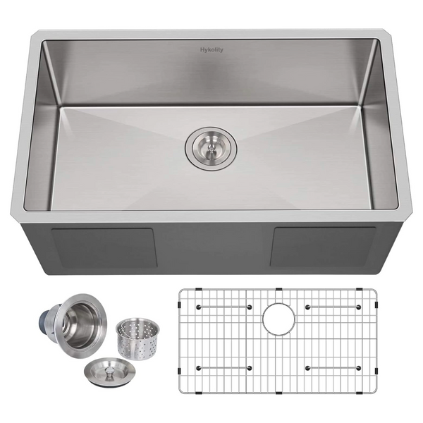 Hykolity 32-inch Undermount Kitchen Sink, 16 Gauge Single Bowl Stainless Steel Kitchen Sink with Strainer & Bottom Grid, 32" x 19" x 9"