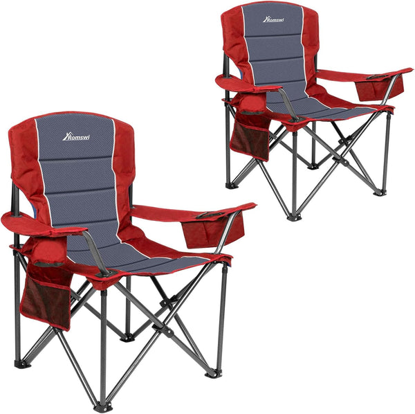 Romswi Outdoor Potable Camp Chair Oversized Folding Camping Chair with Adjustable Arm Straps, 450lbs Capacity Cup Holder Cooler Bag, Red 2-Pack