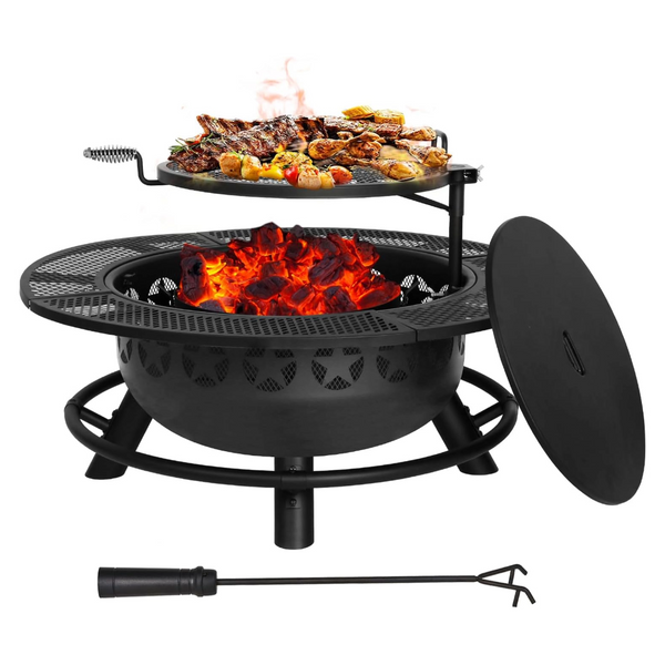 Hykolity 35 Inch Fire Pit with Cooking Grate & Charcoal Pan, Outdoor Wood Burning BBQ Grill Firepit Bowl with Cover Lid, Steel Round Table