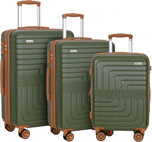 Romswi 3 Piece Luggage Set, Suitcase with ABS+PC hardshell, Spinner Wheels & YKK Zipper TSA Lock (22/26/30) Olive Green