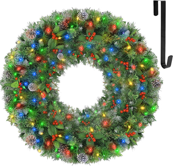 Hykolity 36 in. Prelit Christmas Wreath with 150 Multicolor LED Lights, Artificial Battery Operated Christmas Wreath with Timer, 300 Tips, Decorated with Pinecones, Berries for Decor, Hanger Included