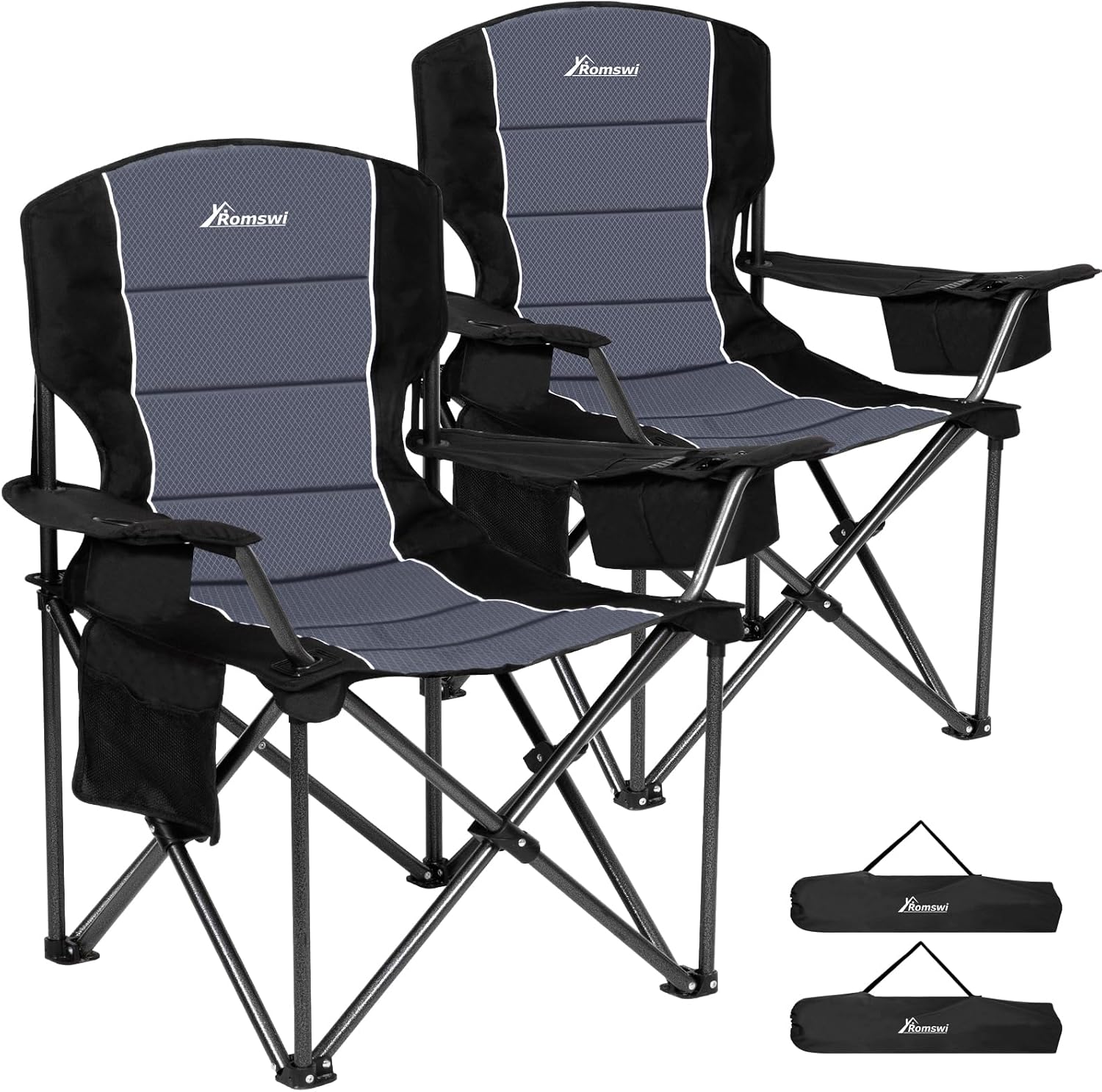 Camping Chairs for Adults, 2 Pack Heavy Duty Folding Chair with 4-Can Cooler Bag, Portable Outdoor Chair with Cup Holder, Collapsible for Tailgating, Beach, Fishing, Green