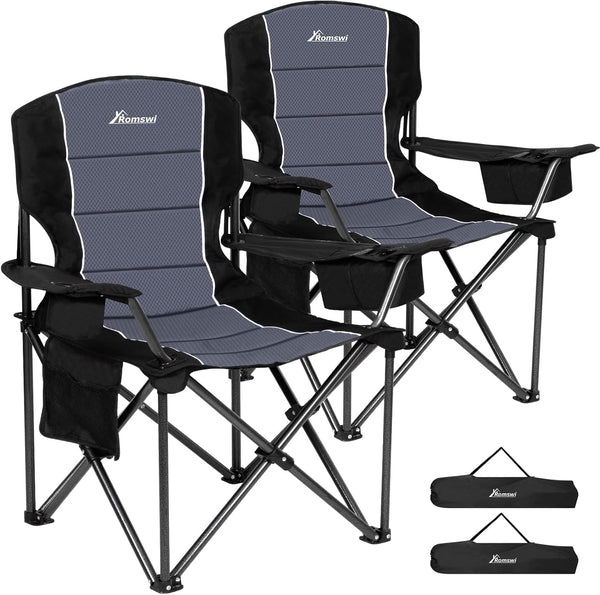 Romswi 2PK Oversized Padded Back Camping Chairs,Heavy Duty Folding Chairs Support 500 LBS with Arm Sport, Cup Holder Cooler Bag, Collapsible Chairs for Outdoor Black
