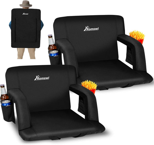 Romswi 2PCS Extra Wide Stadium Seats with Back Support,Foldable Bleacher Chair with Armrests,6 Adjustable Angle,Stadium Chairs for Outdoor Sport Events,Black
