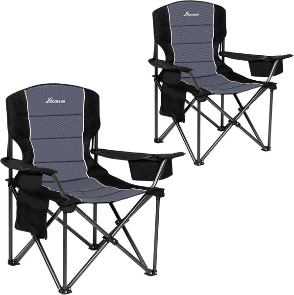 Romswi Outdoor Potable Camp Chair Oversized Folding Camping Chair with Adjustable Arm Straps, 450lbs Capacity Cup Holder Cooler Bag, Black 2-Pack