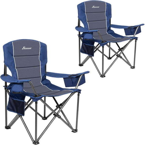 Romswi Outdoor Potable Camp Chair Oversized Folding Camping Chair with Adjustable Arm Straps, 450lbs Capacity Cup Holder Cooler Bag, Blue 2-Pack