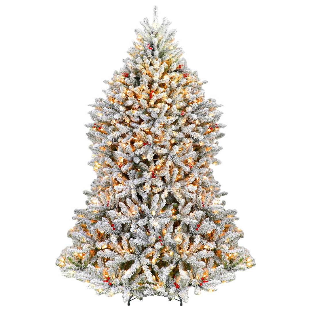 Hykolity 6.5'/7.5' Snow Flocked Prelit Artificial Fir Christmas Tree with Pine Cones and Berries, PVC Branch Tips, Warm White LED Lights, Metal Stand and Hinged Branches