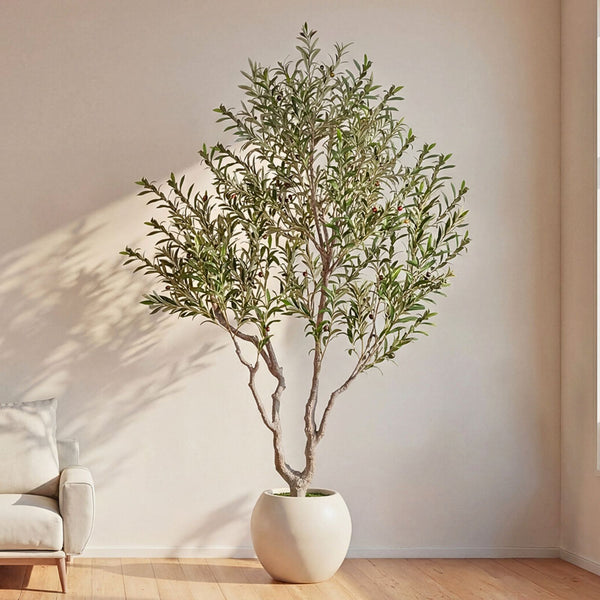 olive tree planter indoor Romswi 8FT Artificial Olive Tree with White Planter Lifelike Fruits, Faux Olive Tree with Natural Wood Trunk, Indoor Decor for Home Office
