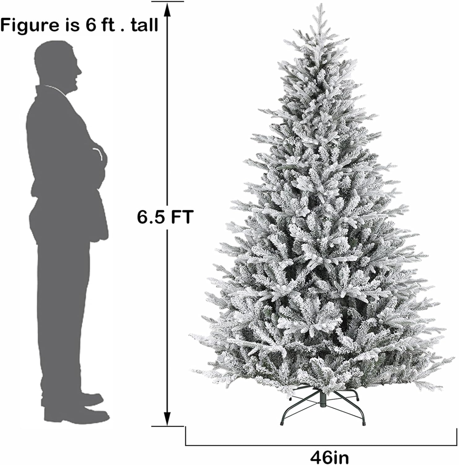Hykolity 6.5'/7.5' Premium Snow Flocked Christmas Tree with Branch Tips, Metal Stand and Hinged Branches