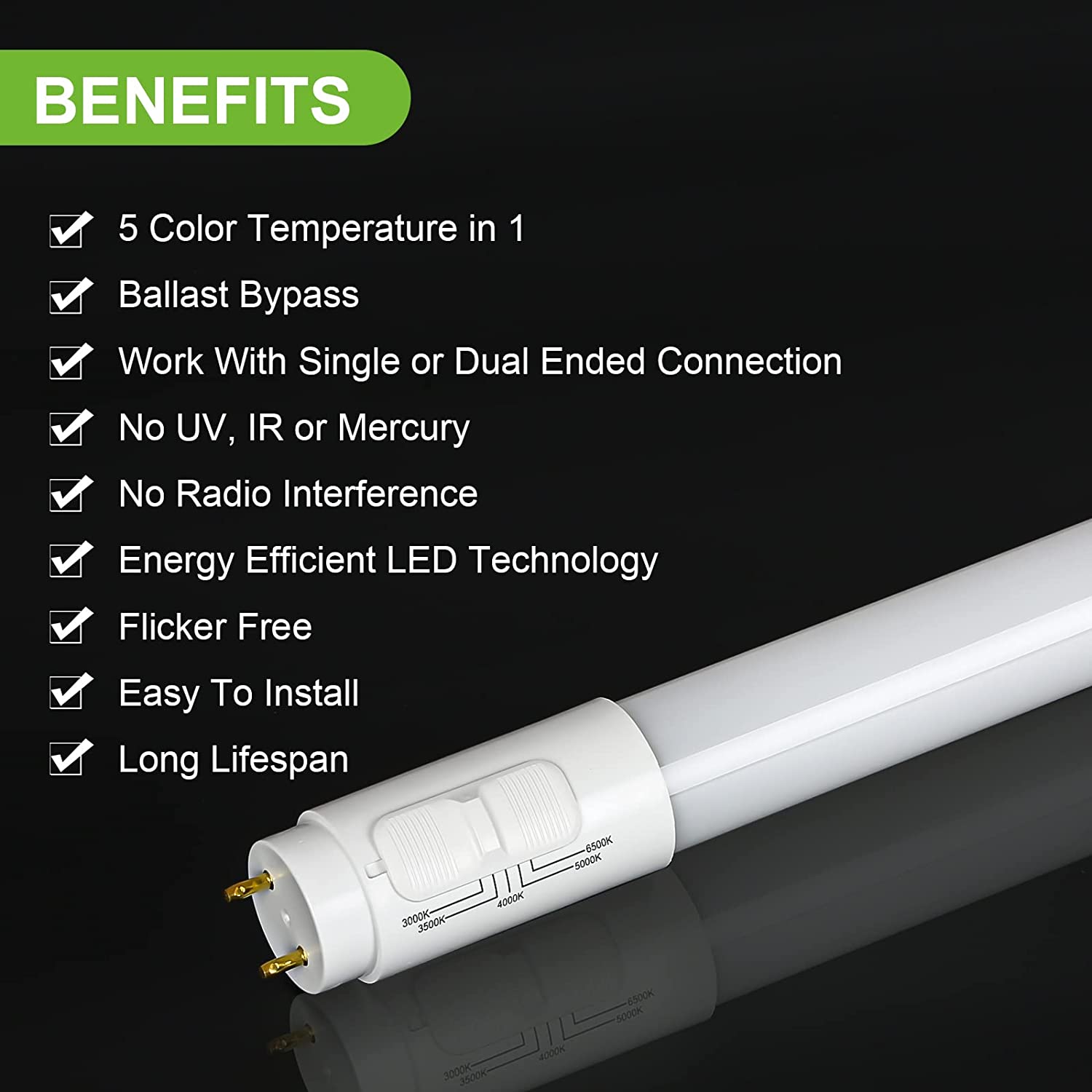 4FT LED T8 Ballast Bypass Type B Light Tube, 18W, 3000K/3500K/4000K/50 ...