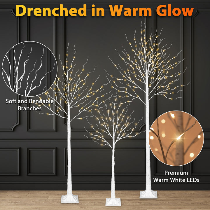 Romswi 4ft & 6ft & 8ft LED Birch Tree Set, with Warm White Lights for ...