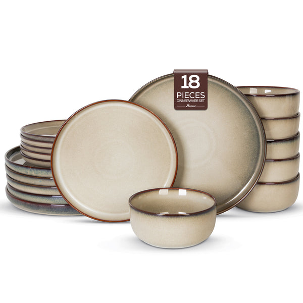 Romswi Dinnerware Set for 6, 18Pcs Stoneware Plates and Bowls Sets, Chip and Scratch Resistant Dish Set, Handmade Reactive Glaze Plate Set, Microwave and Dishwasher Safe, Green Wheat