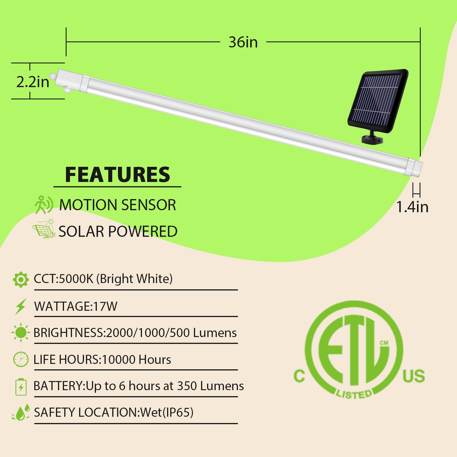 17W Solar Powered LED Shop Light, Motion Sensor, 5000K, IP65 Grade, ET Hykolity