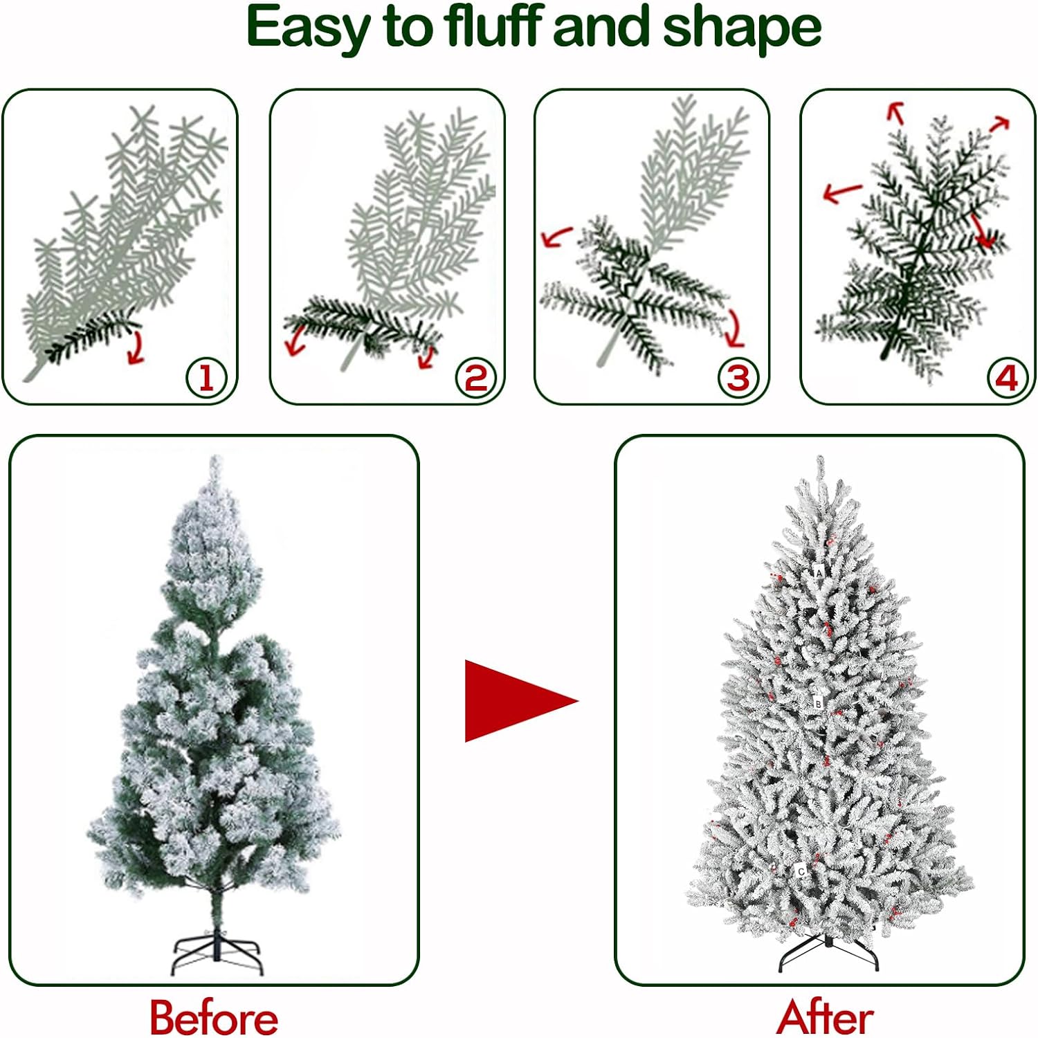 Hykolity 6.5'/7.5' Snow Flocked Prelit Artificial Fir Christmas Tree with Pine Cones and Berries, PVC Branch Tips, Warm White LED Lights, Metal Stand and Hinged Branches