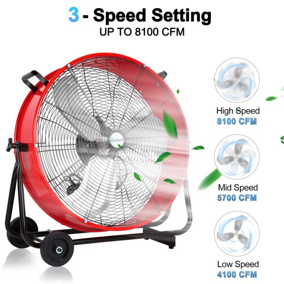 ACHAZEL 24 Inch Industrial Drum Fan, 3-Speed Heavy Duty 8100 CFM Air C ...