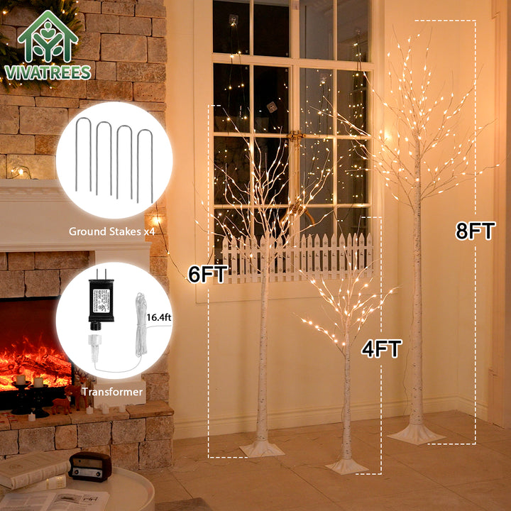 Romswi 4ft & 6ft & 8ft LED Birch Tree Set, with Warm White Lights for ...