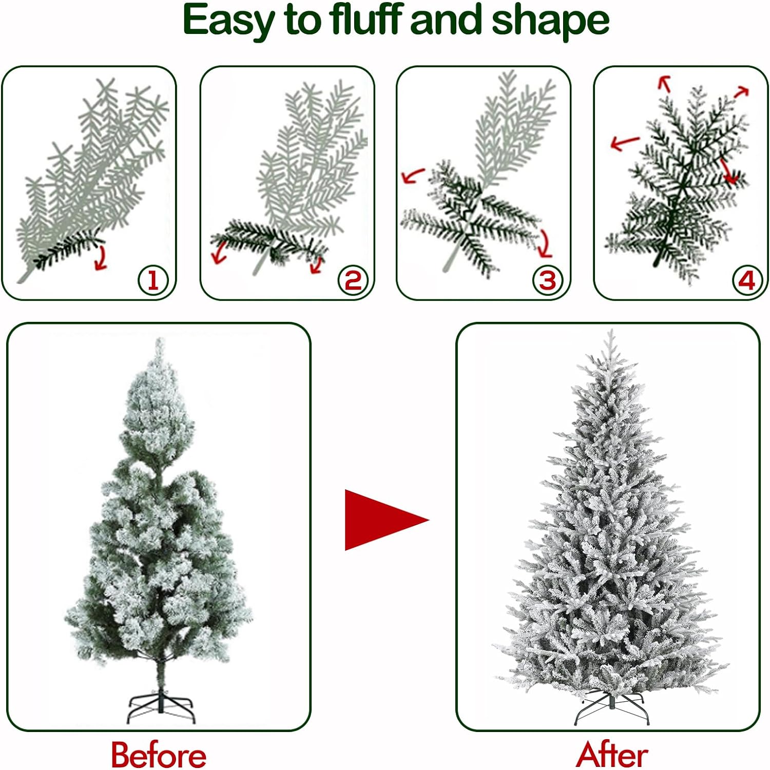 Hykolity 6.5'/7.5' Premium Prelit Snow Flocked Christmas Tree with Warm White LED Lights, Branch Tips, Metal Stand and Hinged Branches