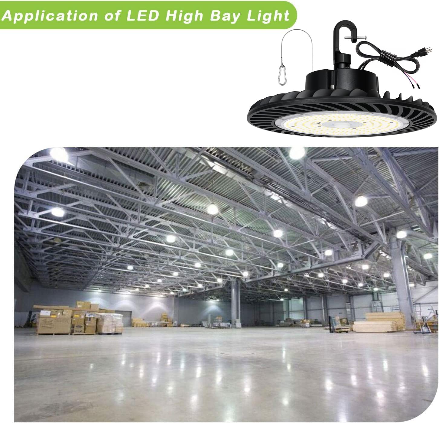 150W LED UFO High Bay Light, 5000K 19,500lm 1-10V Regulable 5000K 5' Cable con enchufe de EE. UU., 100-277V 
