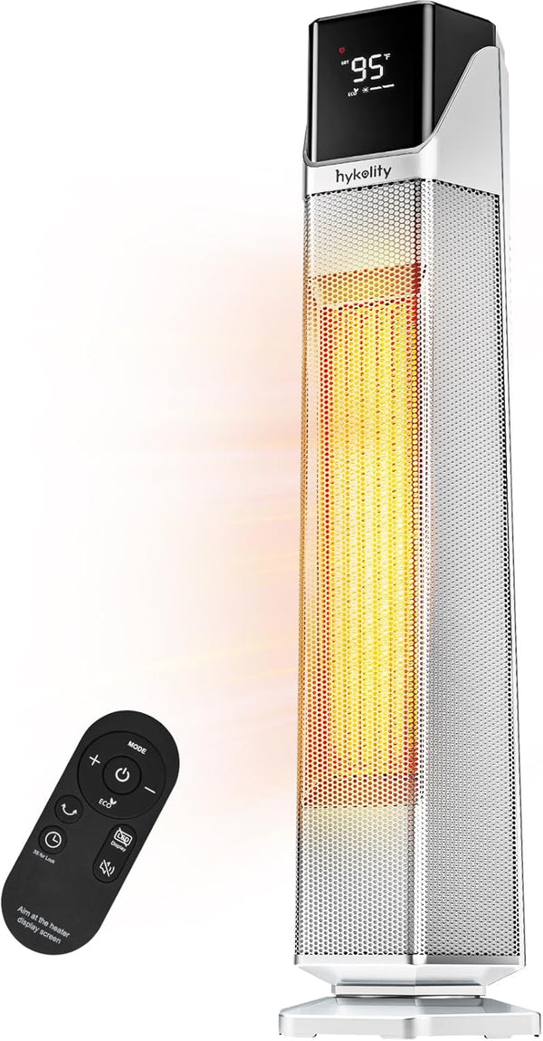 Hykolity Space Heater Large Room, 30" Electric Heaters for Indoor Use, Portable Room Heater with Thermostat and Remote, 70° Oscillation, 24H Timer, 1500W Tower Heater for Office, Bedroom, Silver
