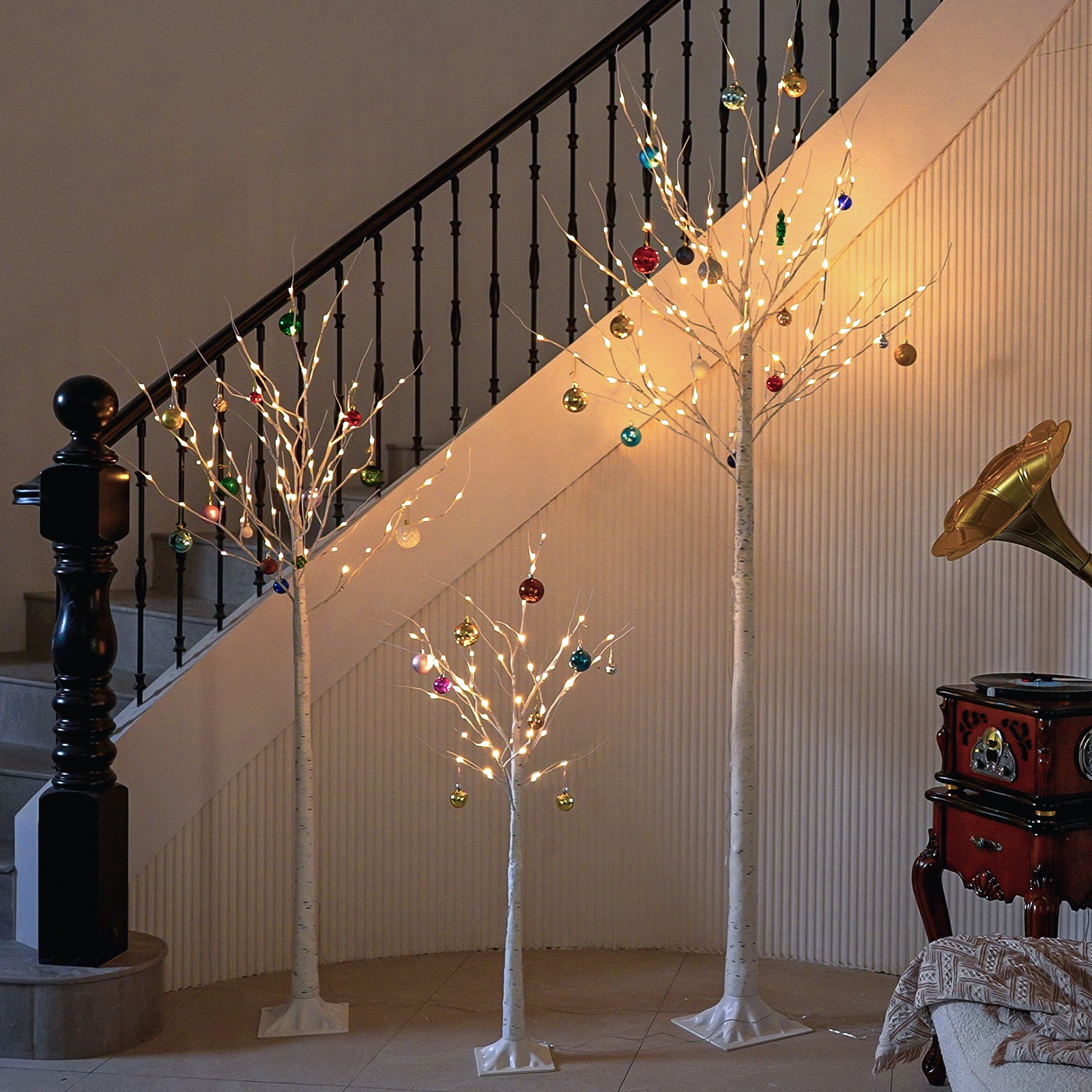 Romswi 4ft & 6ft & 8ft LED Birch Tree Set, with Warm White Lights for ...