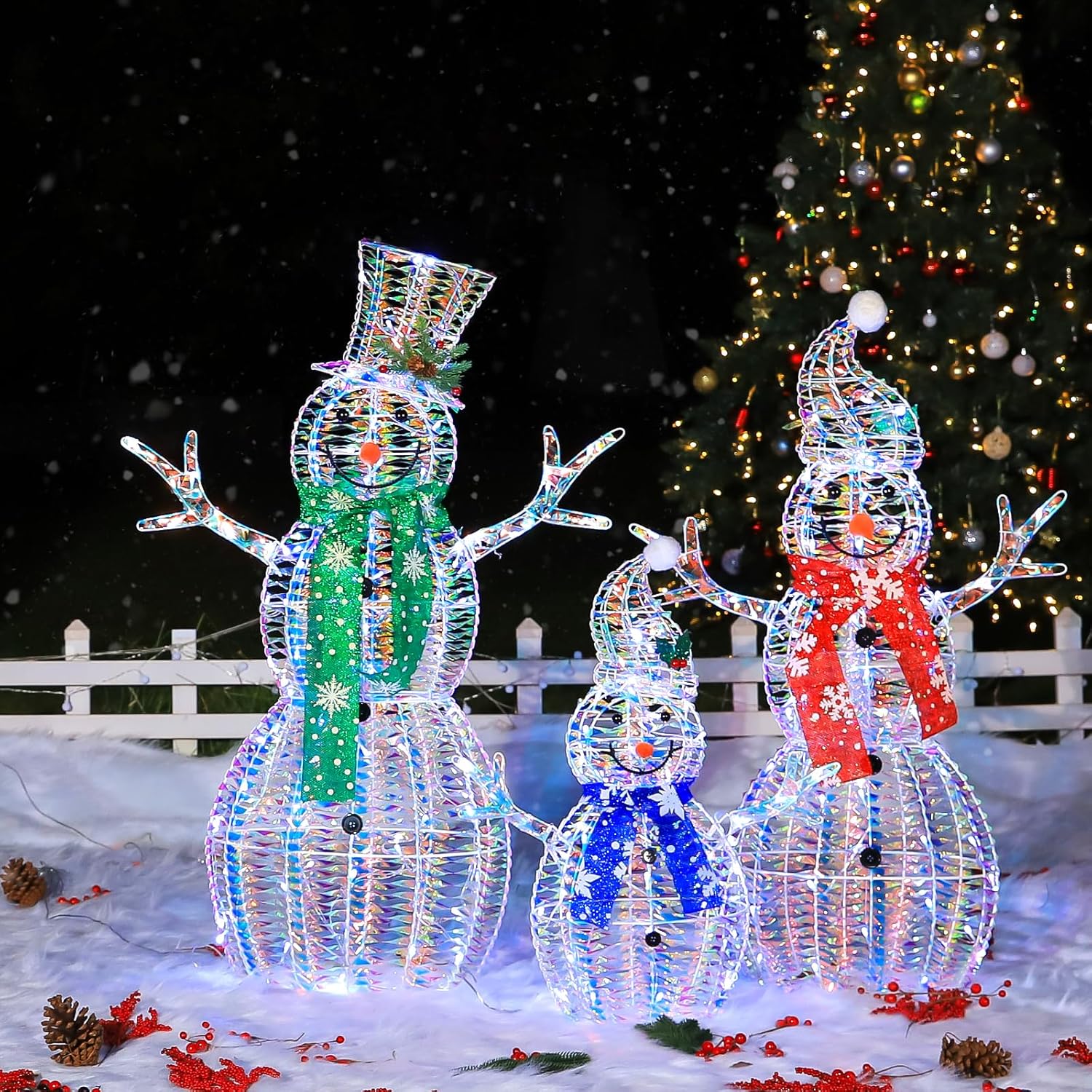 3.5' 3D Pre-lit Iridescent Christmas Snowman Family, 3-Piece