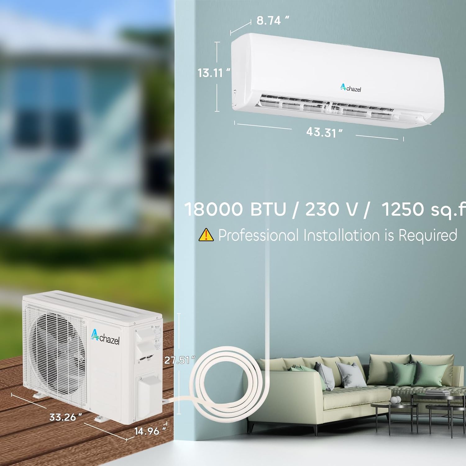 ACHAZEL Wifi Enabled 18,000 BTU Mini Split Air Conditioner