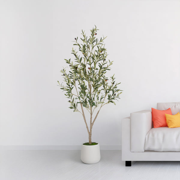 Romswi Faux Olive Tree with Oval White Planter, 5 FT Tall Faux Olive Trees, with Natural Wood Trunk Lifelike Fruits, Fake Greenry Plant for Home Decor