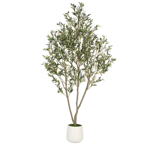 Romswi Faux Olive Tree with Oval White Planter, 7 FT Tall Faux Olive Trees, with Natural Wood Trunk Lifelike Fruits, Fake Greenry Plant for Home Decor