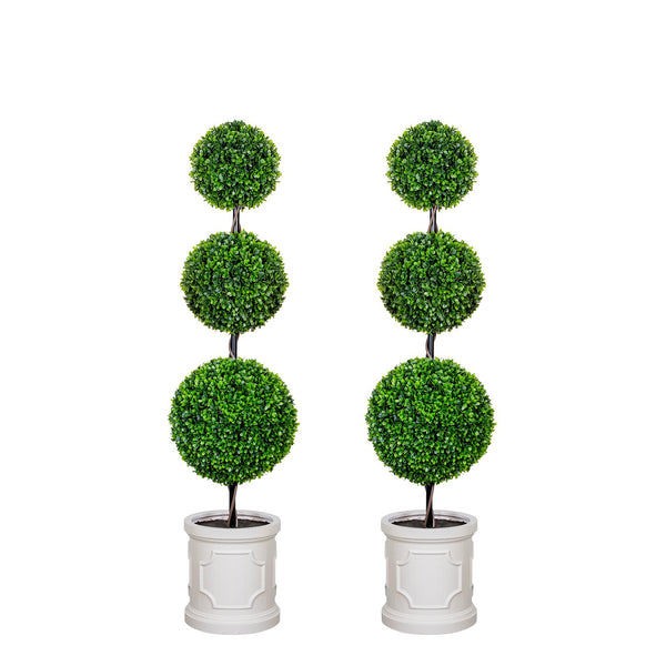 Hykolity Artificial Triple Ball Topiary Tree, 3FT 4FT with Classical White Planter, Faux Shrubs Plant Realistic, Indoor Outdoor Home Decor, 2-Pack