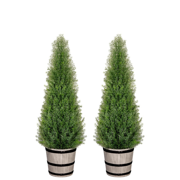 Hykolity Artificial Cedar Topiary Tree, 3FT 4FT with Barrel Planter, Faux Pine Shrubs Plant, Outdoor Indoor Home Decor Realistic Fake Plants, 2-Pack