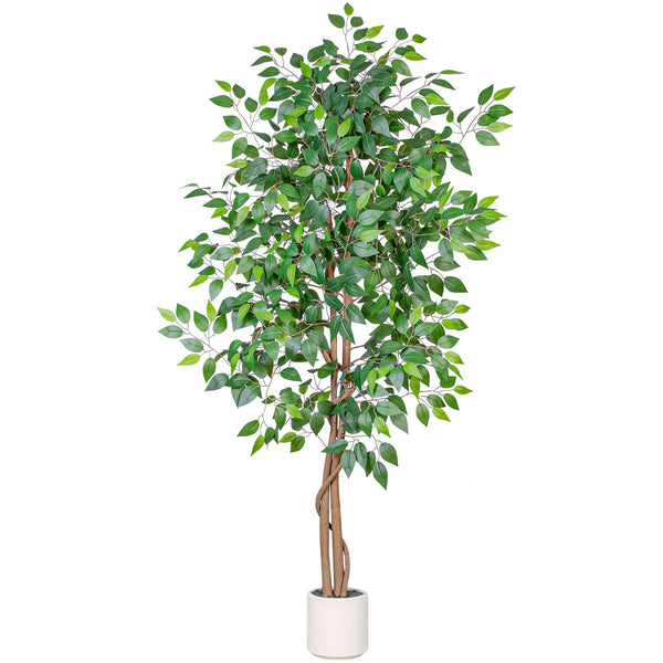 Hykolity Artificial Ficus Tree, 5FT 6FT with White Planter, Realistic Leaves, Natural Wood Trunk, Faux Greenry Plant, Indoor Home Office Decor