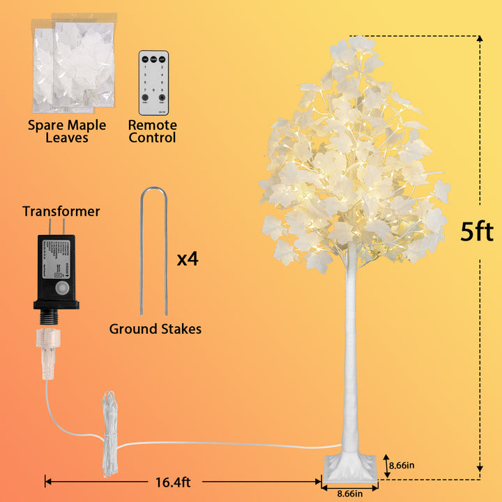 Romswi 5FT Lighted Maple Tree with White Leaves, 96LED Dual-Tone Light ...