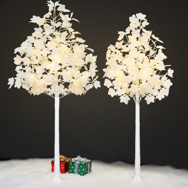 Romswi 2PACK 5FT 6FT Lighted White Maple Tree, 216LED Light Up Artificial Tree with Dual-Tone Lights (Cold & Warm White) for Home Indoor and Outdoor