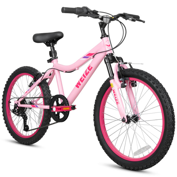 WEIZE 20 Inch Kid Mountain Bike,Kid Bike for Girls Age 6-14 Year Old,6 Speed Kid Bicycle with Front Suspension Fork,Adjustable Seat Height,High-Carbon Steel Frame,Ideal for Girl Adventurers,Pink