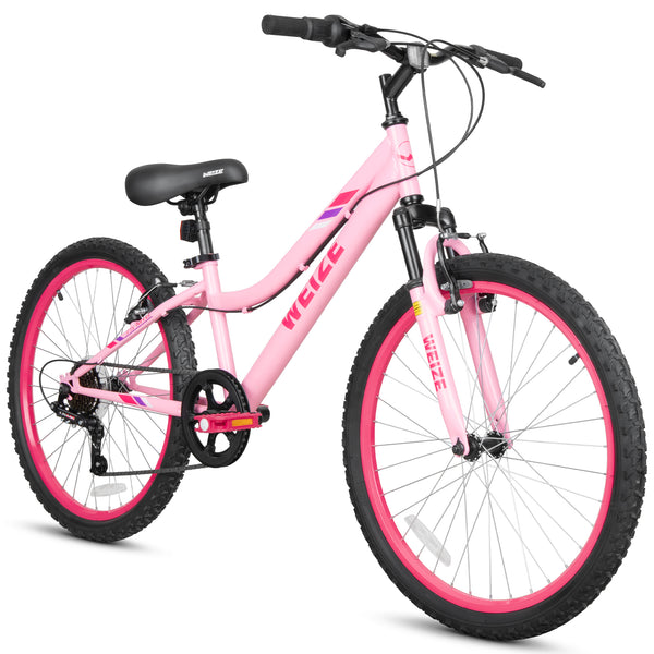 WEIZE 24 Inch Kid Mountain Bike,Kid Bike for Girls Age 6-14 Year Old,7 Speed Kid Bicycle with Front Suspension Fork,Adjustable Seat Height,High-Carbon Steel Frame,Ideal for Girl Adventurers,Pink