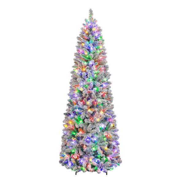 Vivatrees 6-Feet Prelit Pencil Christmas Tree, Snow Flocked with 10 Lighting Modes, Metal Stand, Hinged Branches, Slim Xmas Pine Tree, White